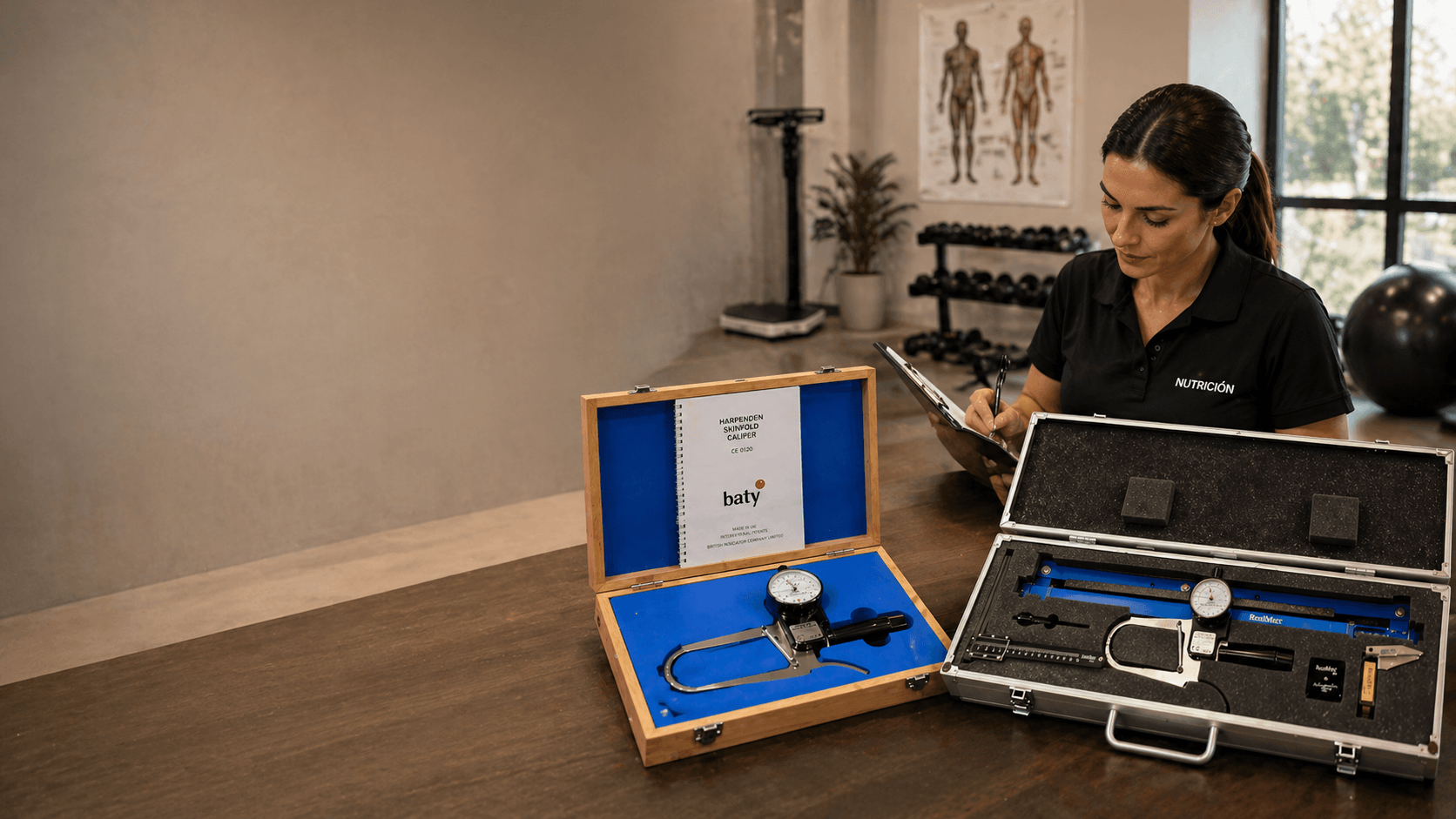 Profesional de nutrición usando instrumentos de antropometría Harpenden y Baty
