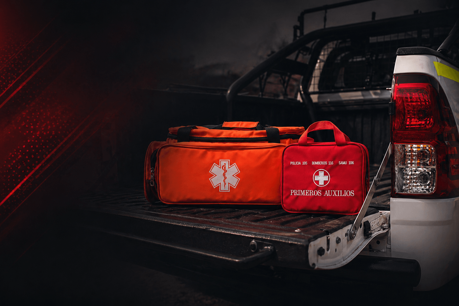 Maletines de emergencia y kits de primeros auxilios en camioneta de rescate