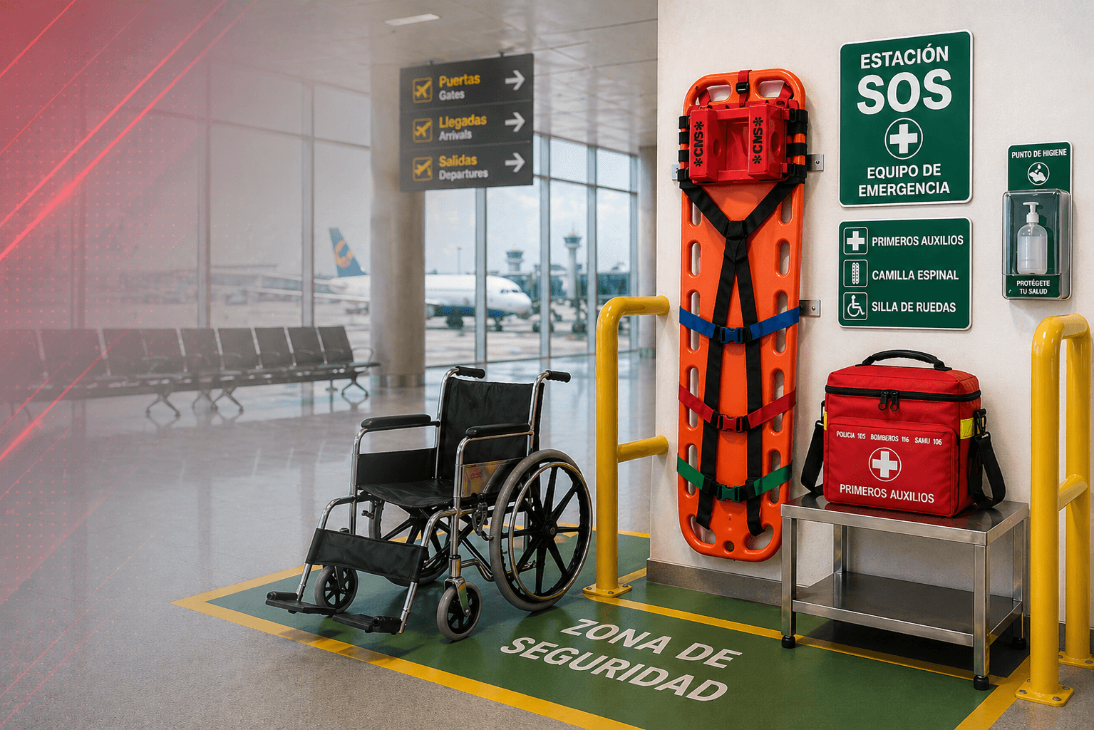 Estación SOS con silla de ruedas, tabla espinal y botiquín en aeropuerto